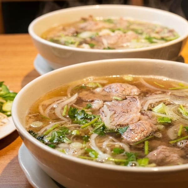 Two steaming bowls of pho with beef, noodles, and herbs, alongside a plate of fresh garnishes.