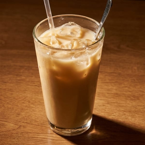 Iced coffee with a straw and spoon in a tall glass on a wooden table.
