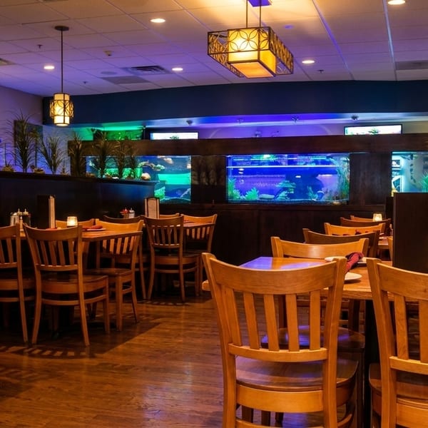 Restaurant dining room with wooden tables and chairs, illuminated aquariums, and decorative plants.