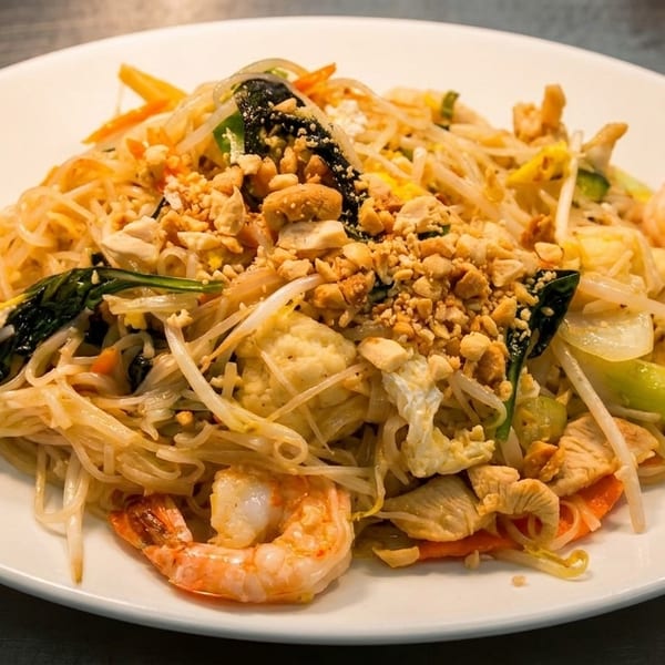 A white plate of Pad Thai noodles with shrimp, chicken, vegetables, and crushed peanuts.