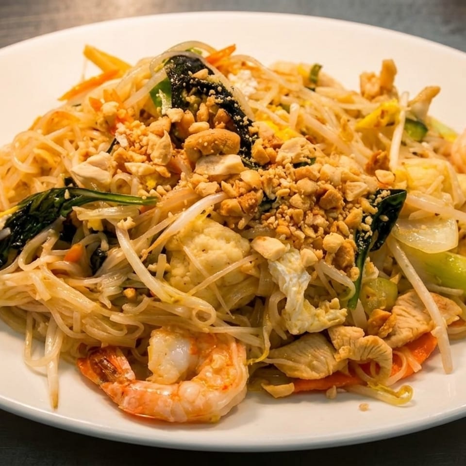 A white plate of Pad Thai noodles with shrimp, chicken, vegetables, and crushed peanuts.