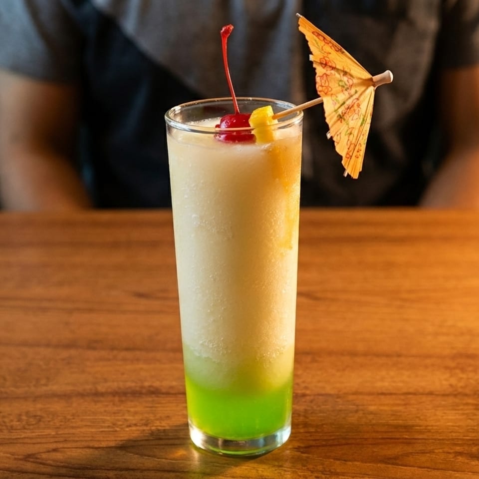 Tall tropical drink with green and white layers, cherry, pineapple, and umbrella on a wooden table.
