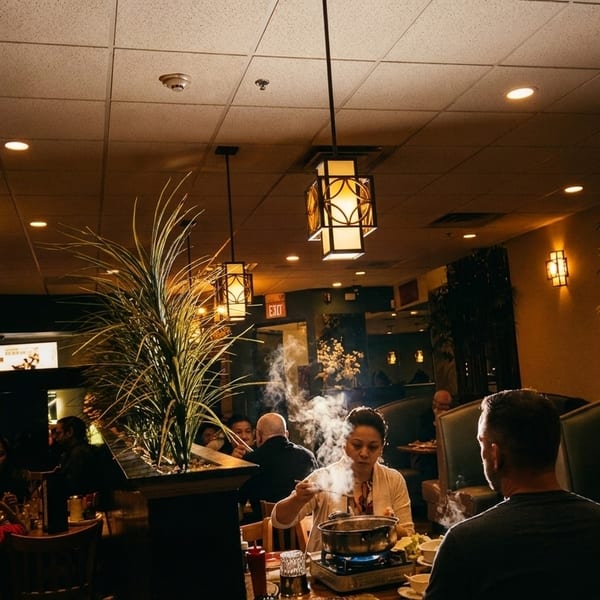 Diners enjoying hot pot at a restaurant with warm lighting and decorative plants.