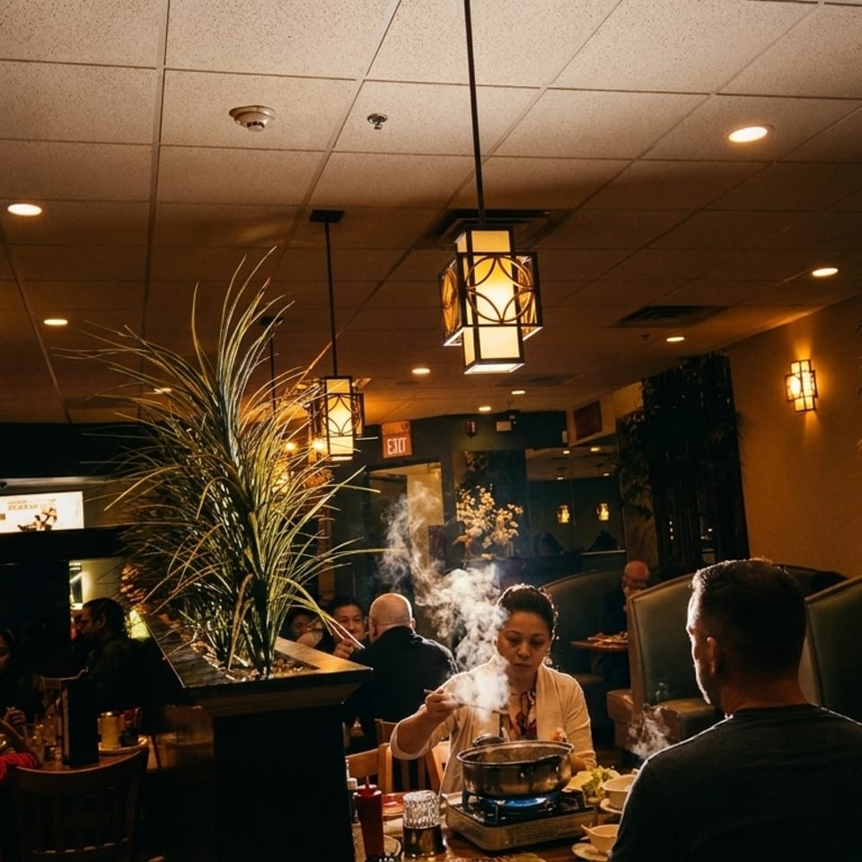 Diners enjoying hot pot at a restaurant with warm lighting and decorative plants.