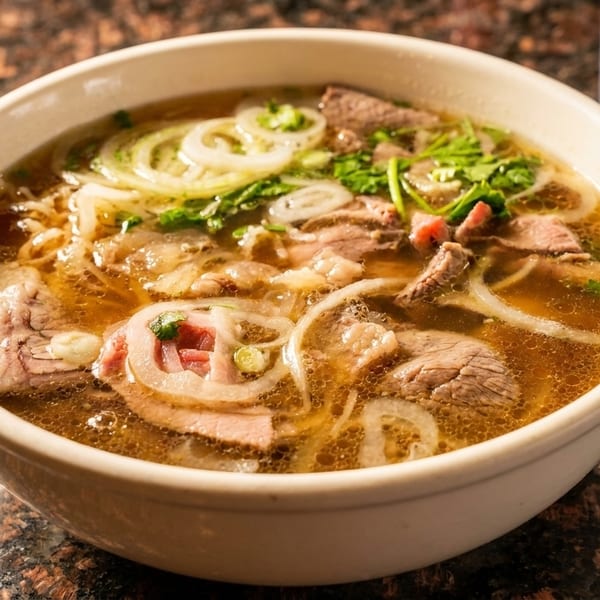 A bowl of pho with beef, noodles, onions, and cilantro in a rich broth.